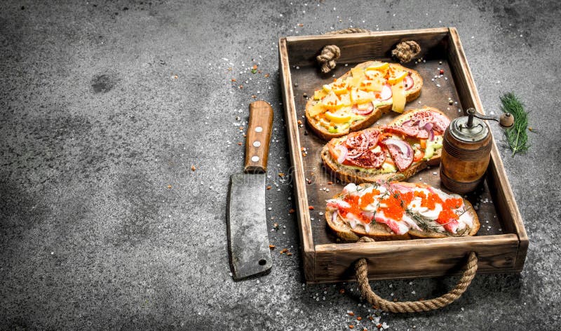 Olika smörgåsar med skaldjur, kött och grönsaker på ett gammalt magasin royaltyfria bilder Olika smörgåsar med skaldjur, kött och grönsaker på ett gammalt magasin royaltyfria bilder