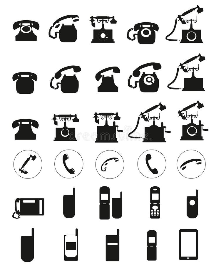 Olika symboler för vektorsvarttelefon ställde in på vit bakgrund stock illustrationer Olika symboler för vektorsvarttelefon ställde in på vit bakgrund stock illustrationer