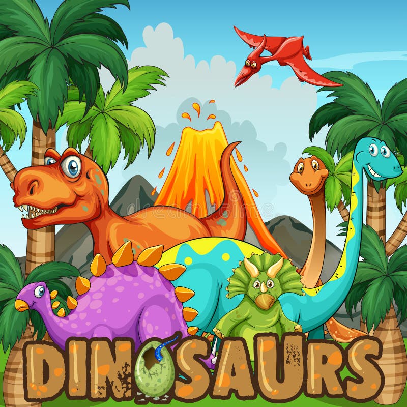 Olika typer av dinosaurier vid vulkan vektor illustrationer Olika typer av dinosaurier vid vulkan vektor illustrationer
