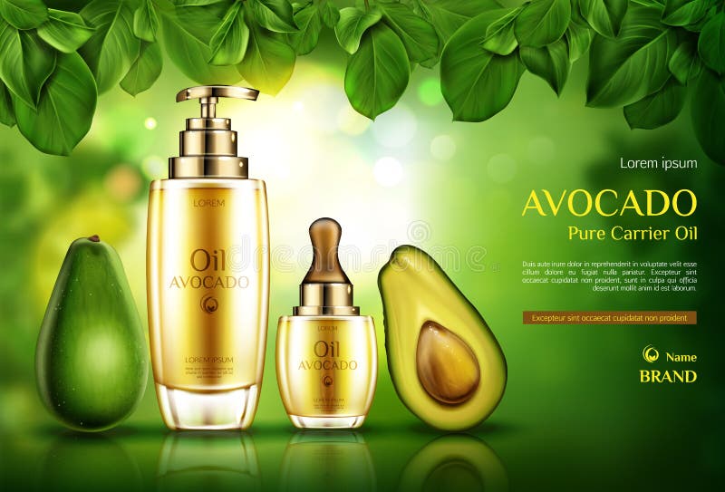 Avocado cosmetics oil. Organic product bottles with pomp and dropper mockup on green background with tree leaves. Natural eco skin care cosmetic, advertising promo template. Realistic 3d vector banner. Avocado cosmetics oil. Organic product bottles with pomp and dropper mockup on green background with tree leaves. Natural eco skin care cosmetic, advertising promo template. Realistic 3d vector banner