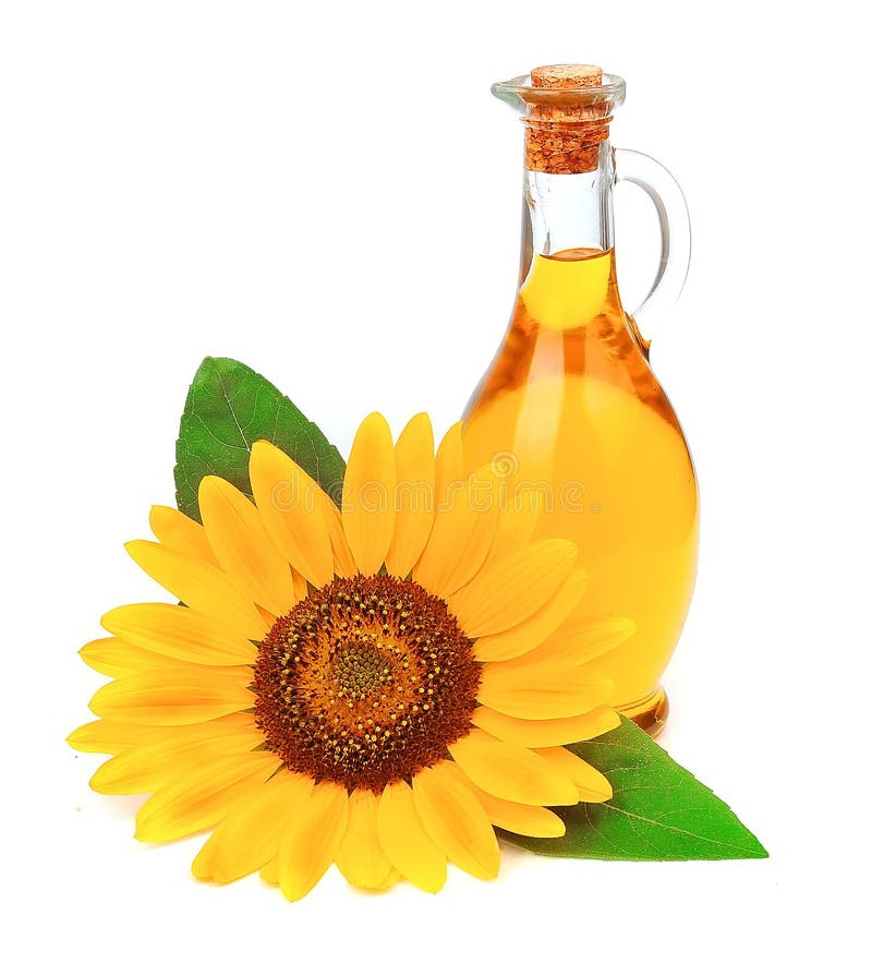 Olio di girasole con il fiore fotografie stock libere da diritti Olio di girasole con il fiore fotografie stock libere da diritti