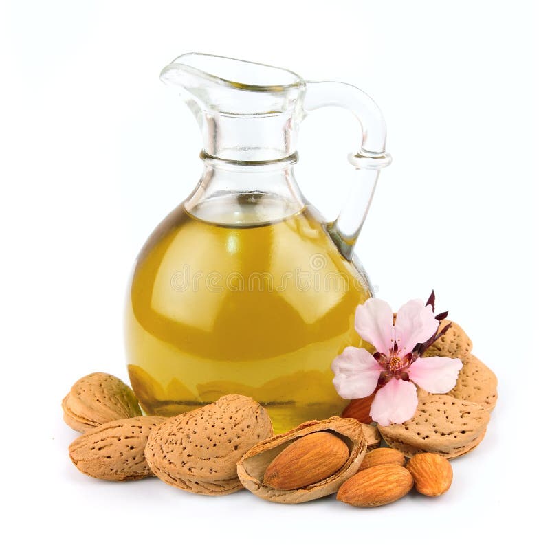 Almond oil on white background. Almond oil on white background