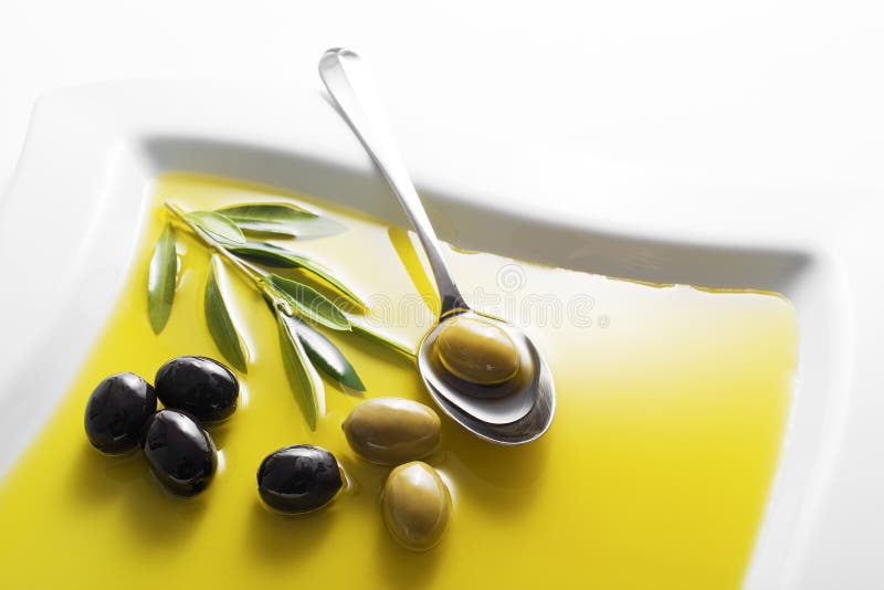 Olive oil and green olive branch in bowl. Olive oil and green olive branch in bowl