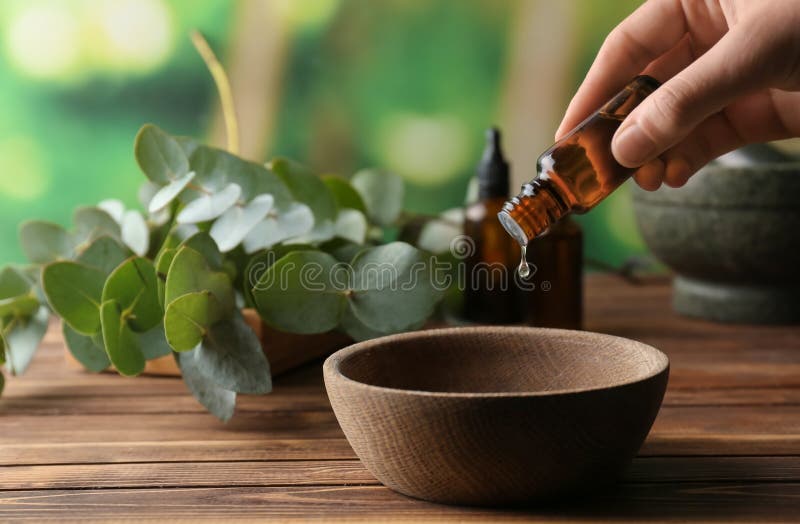 Olio essenziale di versamento dell'eucalyptus della donna nella ciotola sulla tavola di legno