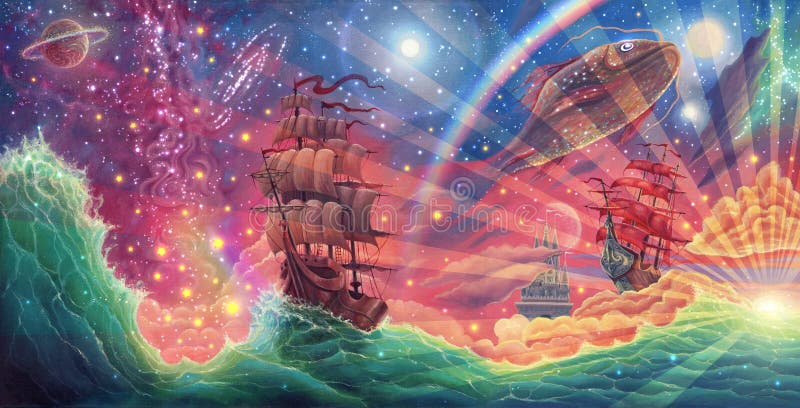 Olio panoramico dipingere paesaggi marini su tela con fantasy sky star nuvole ondate onde nave splendide tramonti di luce solare