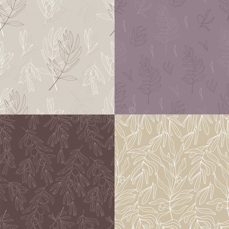 Olive Branch Wallpaper Patterns Vector Set for Textile, Clothe, Curtains, Wall. Stock Vector