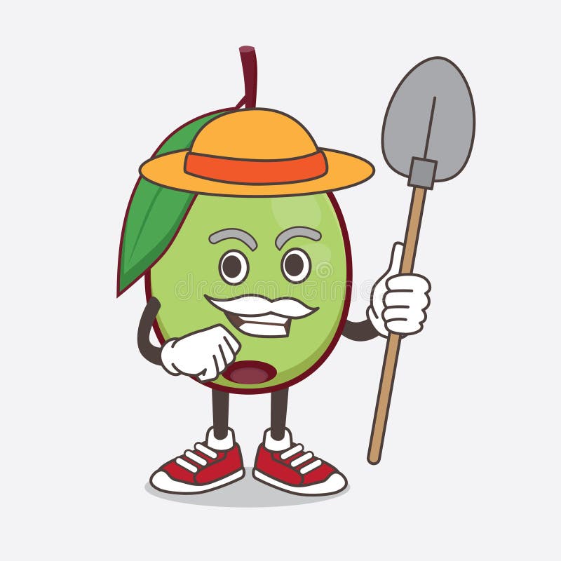 Olive Fruit Cartoon Mascot Character with Hat and Farmer Tools Stock