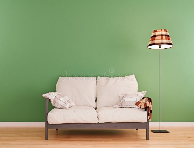 Olive green mock-up wall with small white sofa and floor Light in modern internal bakgrund, Scandinavian style royaltyfri illustrationer