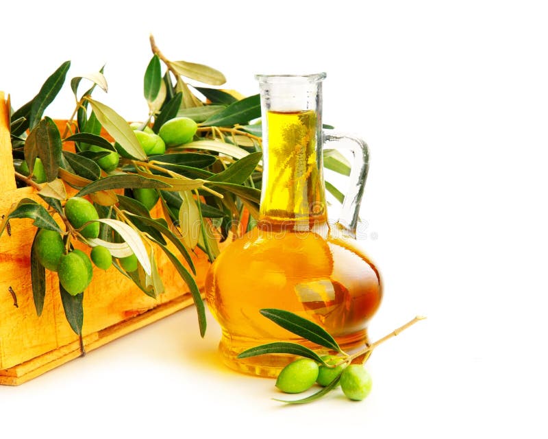 Bottle of Fresh Organic Extra Virgin Olive Oil and Black Olive Branch with Leaves Isolated, Hand