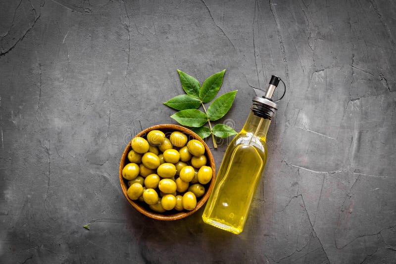Olive Oil in Bottle with Ingredient Green Olives Stock Image Image