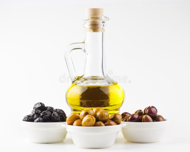 Olive Oil Bottle and Olives in Bowls Stock Image Image of olives