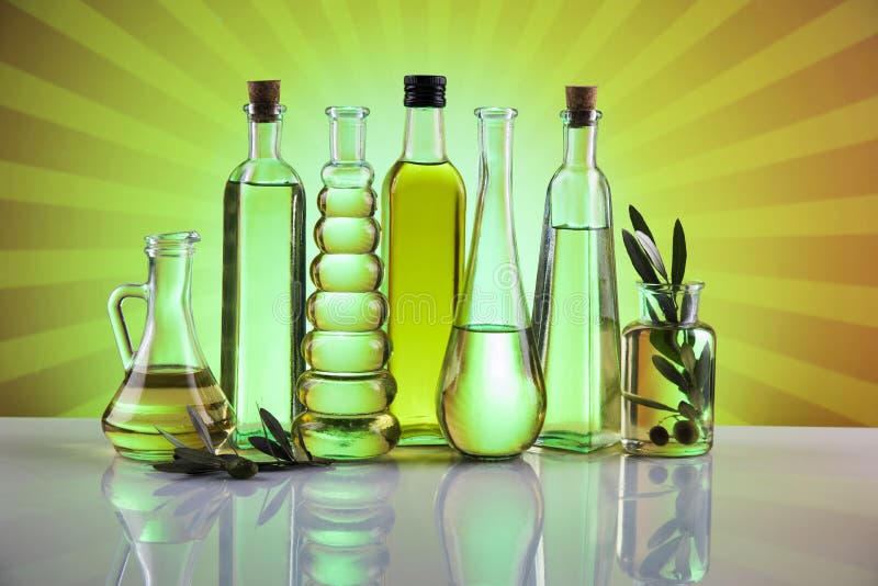 Olive Oil Bottles, Olive Branch and Cooking Oils Stock Photo Image of