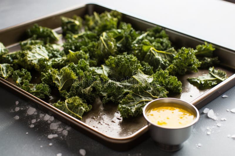 Oliveoil Brushed Kale Chips on a Metal Tray Stock Photo Image of