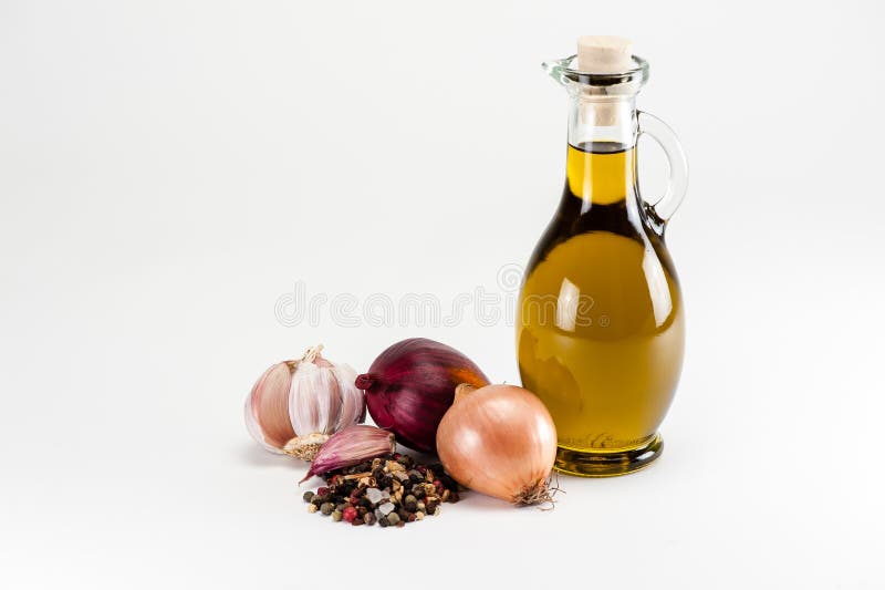 Olive Oil with Cooking Ingredients Stock Image Image of glass