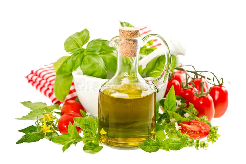 Olive oil with fresh basil and tomatoes. food background