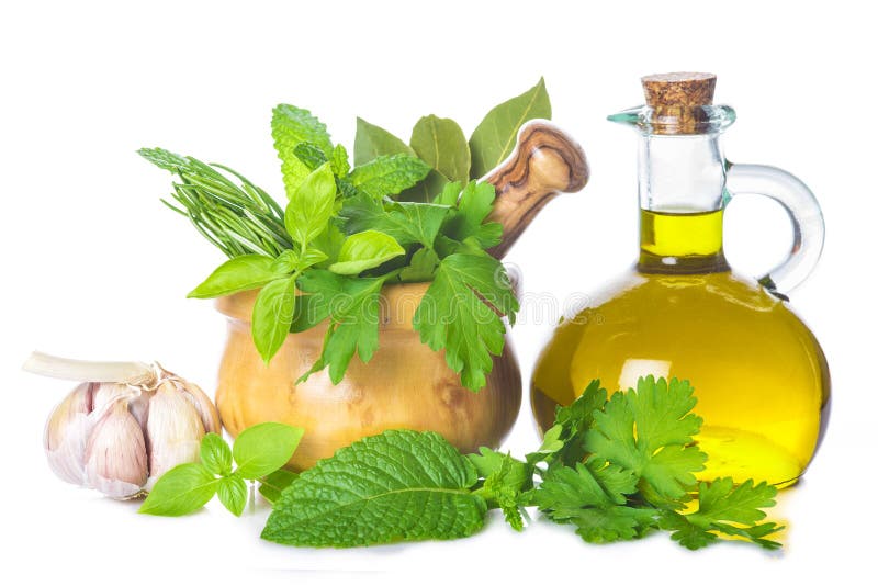 Olive Oil and Fresh Herbs and Spices on White Background Stock Image Image of herbs, green