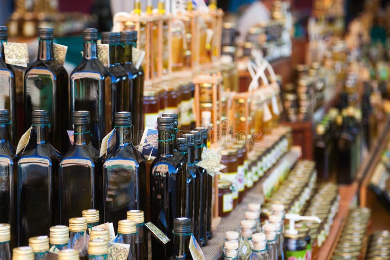 Olive oil at a market stall