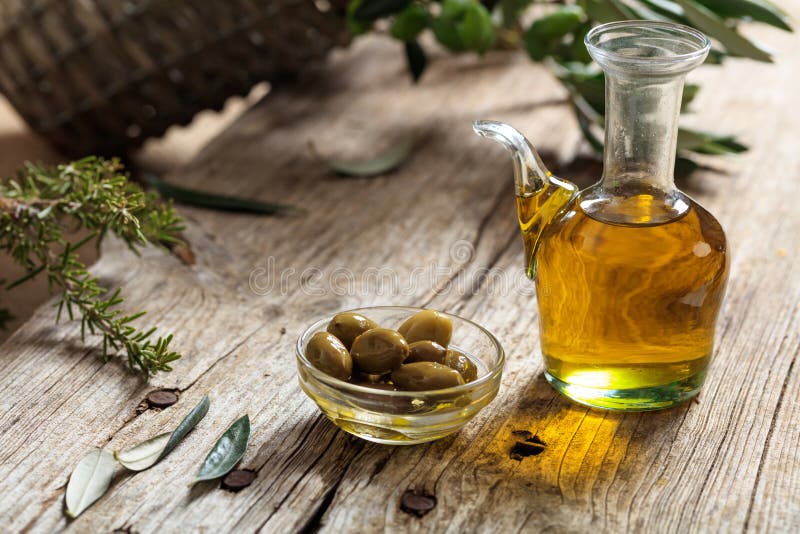 Olive Oil and Olive Twig on a Table Stock Photo Image of freshness