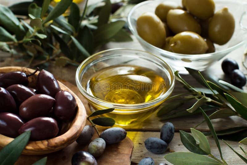 Olive Oil And Olives On Wood Background Stock Photo Image of