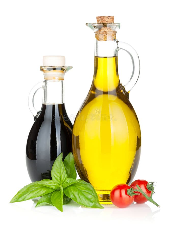 Olive Oil, Vinegar Bottles, Pepper Shaker and Spices Stock Photo