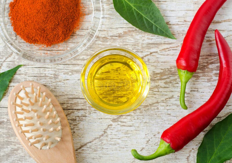 Olive Oil, Wooden Hairbrush, Fresh Red Chili Peppers and Dry Chili Powder  for Preparing Diy Hair Mask for Hair Loss Therapy. Stock Image - Image of  oily, capsaicin: 216236689