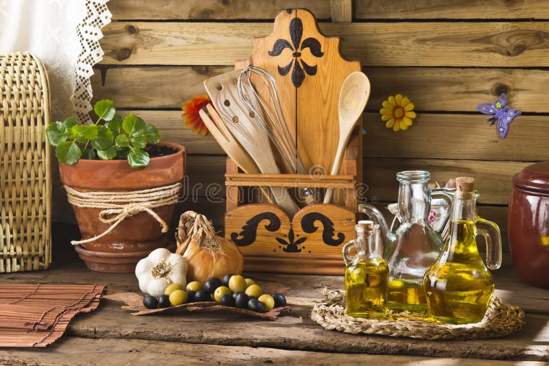 Olive oils in rustic kitchen