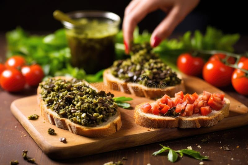 Olive Tapenade Being Spread on Bread for Bruschetta with Hand Stock