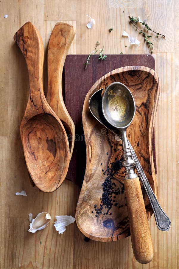 Olive Wood Cooking Utensils Stock Image Image of thyme, cooking 53991685