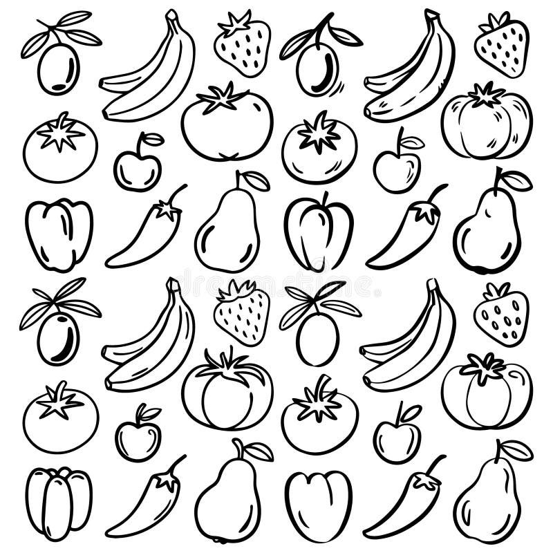 Oliven Banane Erdbeere Kirschtomate Chili Pfeffer und Birne Vektorgrafik vektor abbildung