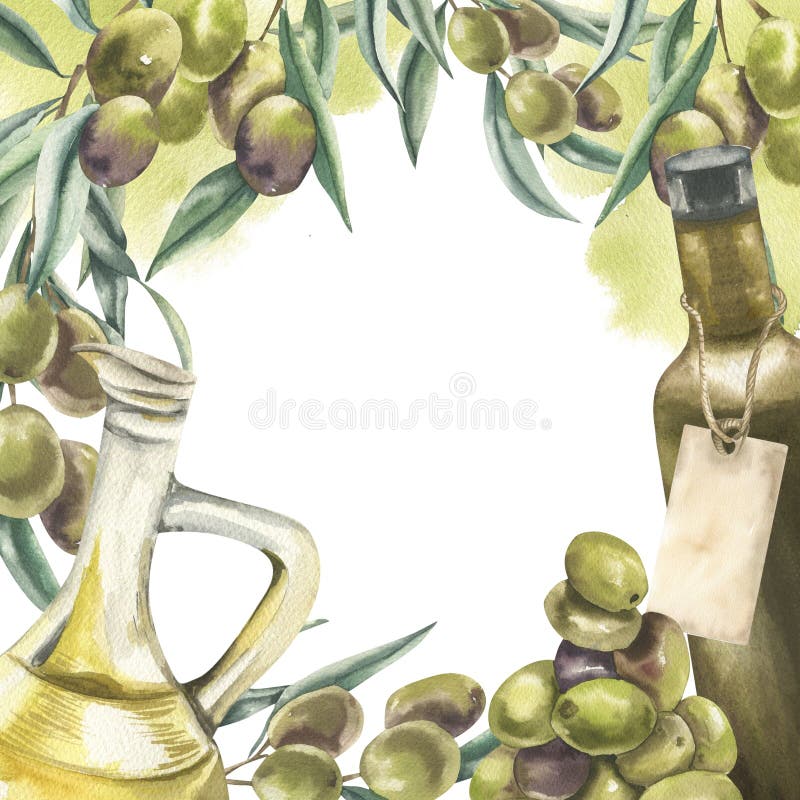 Oliven Futter Aquarellbanner mit Öl Glaskrug grüne Flasche mit Oliven Bunch und Filialen Aquarellbilder verziert. vektor abbildung