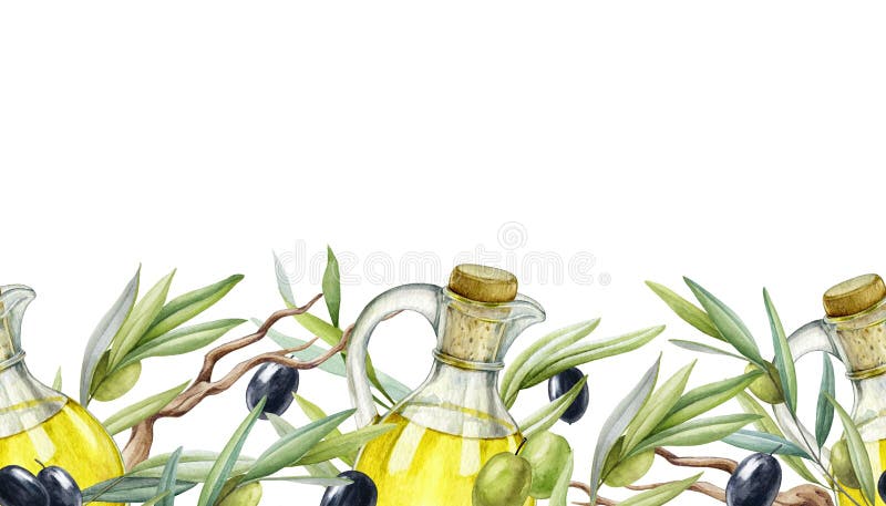 Olivenzweig Obst Blätter Öl nahtlose Grenze. schwarze und grüne rohe Bio-Olivenpflanze endloses Element. mediterran stock abbildung