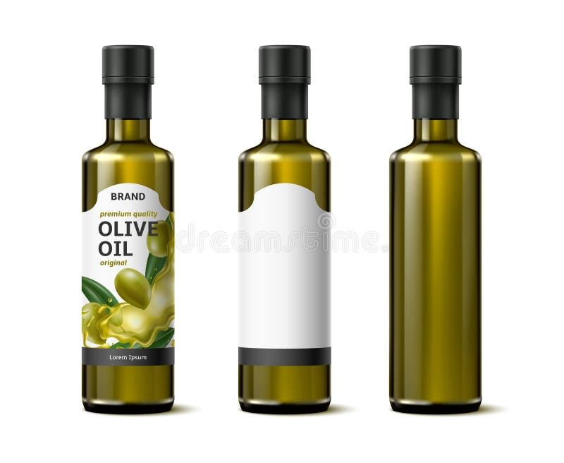 Olivenöl in Flaschen mit und ohne Etikett. Realistisches isoliertes Element. mediterrane Küche. Verpackungsdesign 3d leer lizenzfreie abbildung