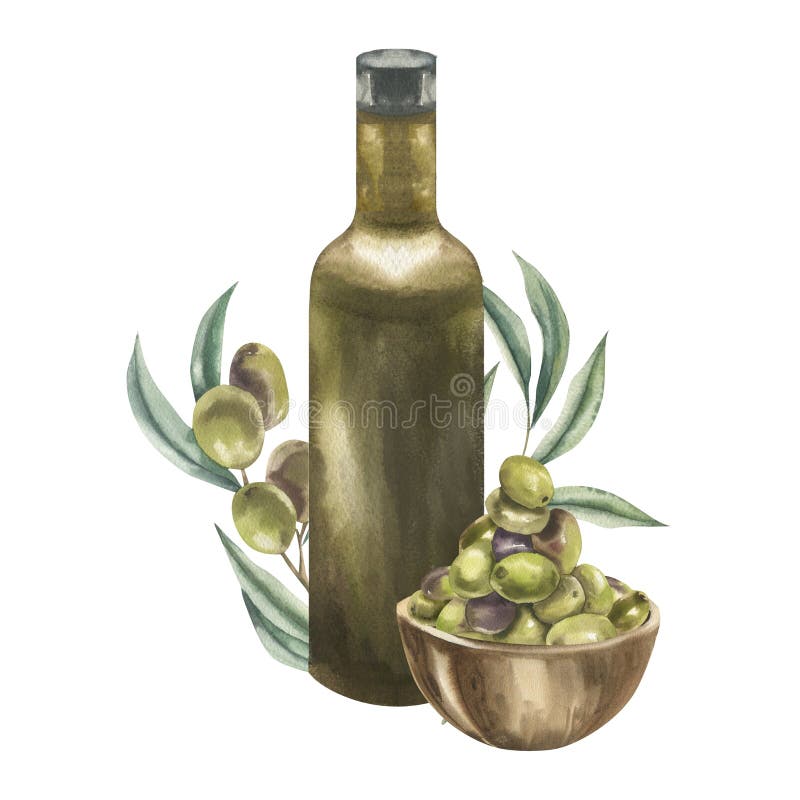 Olivenöl grüne Flasche Früchte Bunch in Holzteller mit Blumenzweig Aquarell verziert. Handgezogenes veganisches Essen stock abbildung