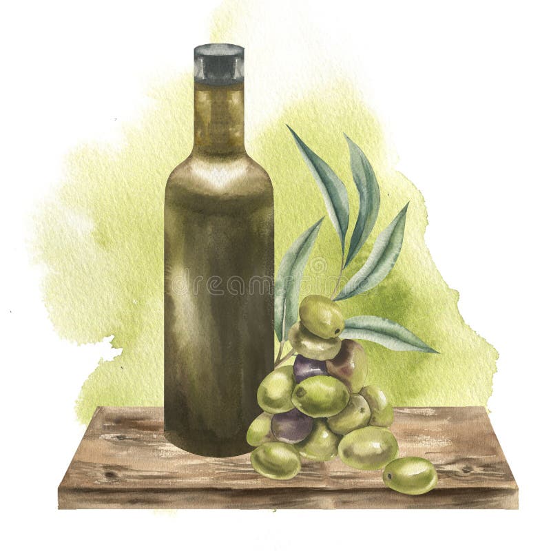 Olivenölgrüne Flasche auf Holzbrett mit frischen Oliven Früchte Bunch und Blumendekoration Clipart. Organischer handgezogener Jahr stock abbildung