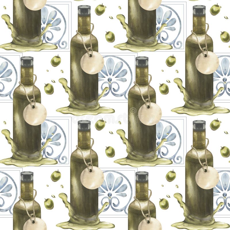 Olivenölgrüne Flasche mit Papierschild in Ölpfütze mit Blumendekor und Olivenobst IllustrationHandgezeichnet vektor abbildung