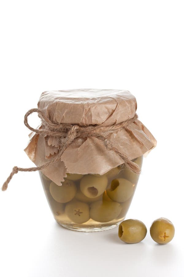 Homemade Glass Jar Preserved Olives Isolated On A White Stock Photo