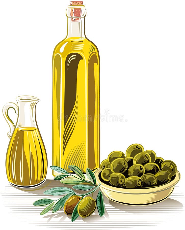 Olives in a bowl and extra virgin olive oil.