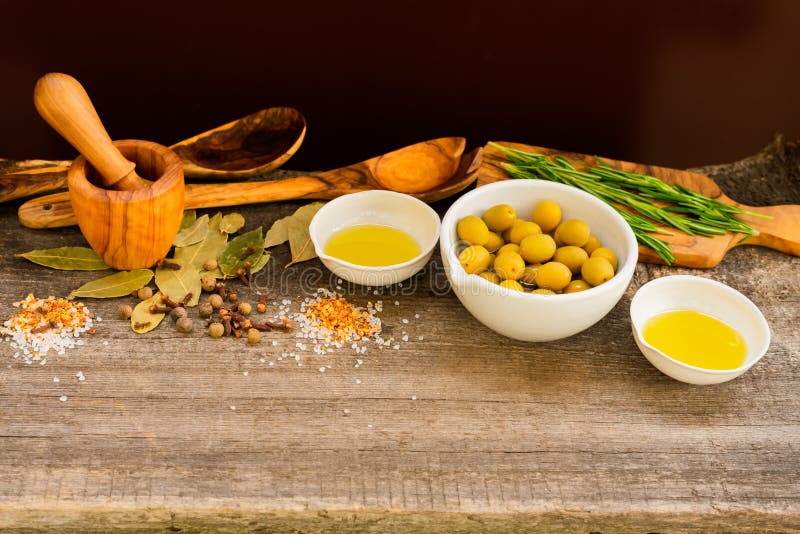 Olives, Olive Oil and Olive Wood Cooking Utensils Stock Image Image