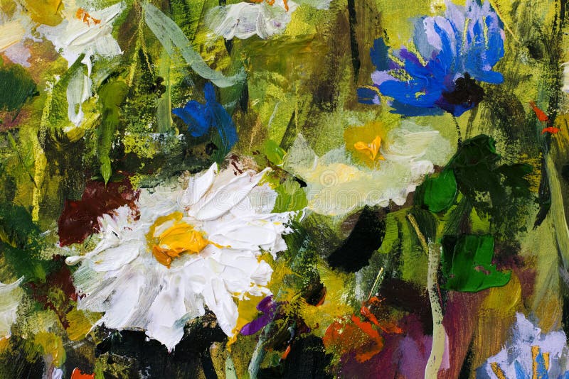 Olje- målning för stor för blommakamomillar för vit tusensköna makro för closeup på kanfas Modern impressionism Impasto konstverk vektor illustrationer Olje- målning för stor för blommakamomillar för vit tusensköna makro för closeup på kanfas Modern impressionism Impasto konstverk vektor illustrationer