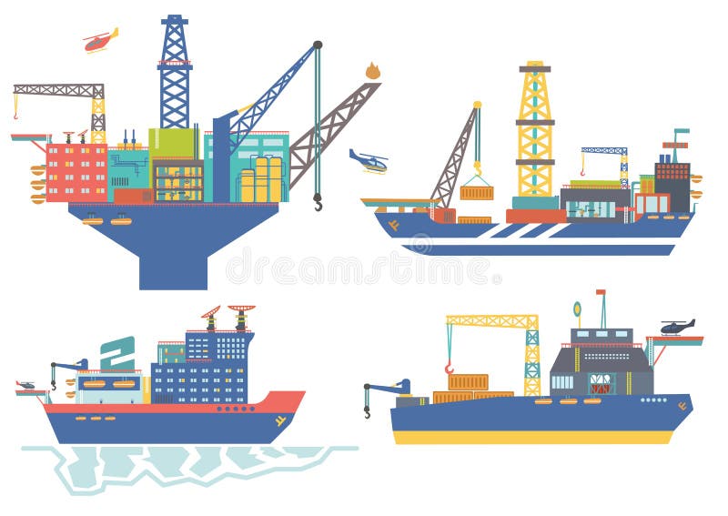 Oil platform, drillship, oil and gas barge, icebreaker vector illustration,oil offshore industry. Oil platform, drillship, oil and gas barge, icebreaker vector illustration,oil offshore industry.