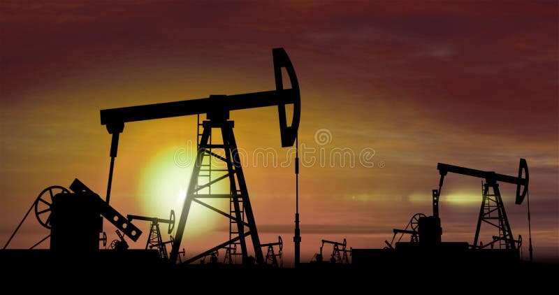Olje- pumpar - olje- extraktion på solnedgångbakgrund