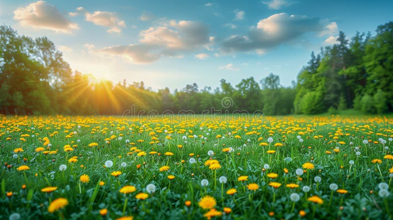 Oljesängda med dandelioner och grön stock illustrationer