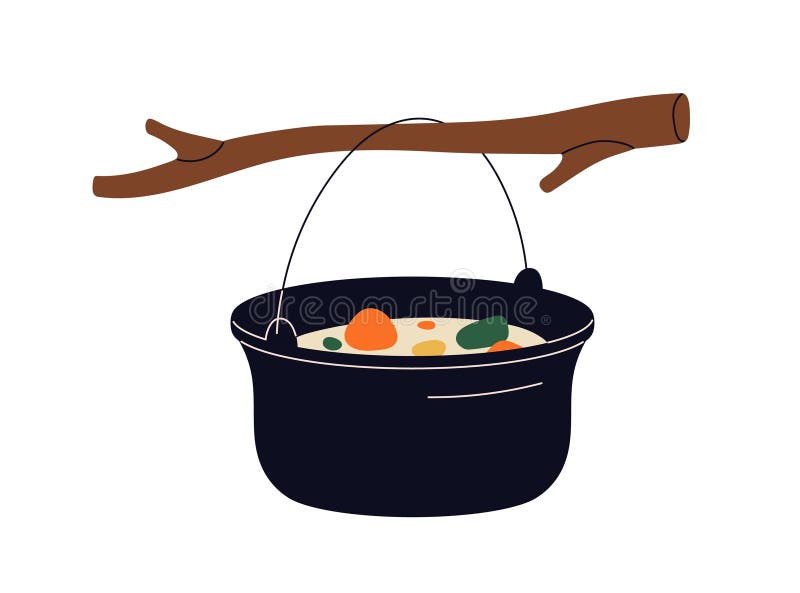 Olla de camping colgando de la sopa de bifurcación al aire libre. preparación de harina de verduras en caldero turístico para. preparación de comida de verduras en caldero turístico para picnic fuera de la cocina. ilustración vectorial plana aislada en fondo blanco.