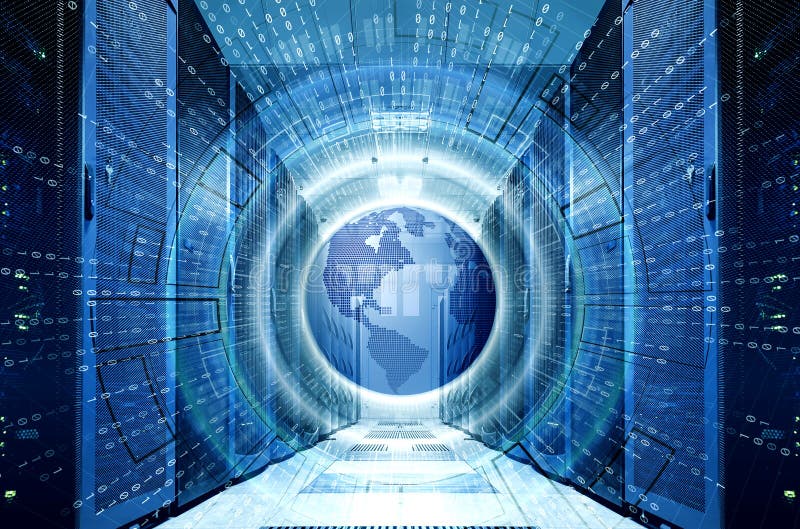 Ologramma con pianeta Terra e codice binario sul centro dati simmetrico del fondo con le file dei supercomputer Grandi dati fotografia stock libera da diritti