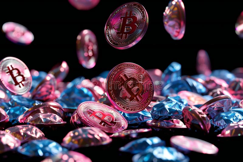 Ologramma di monete rosa e blu volante su fondo nero concetto di moneta nera isolata sfondo ultra realistico illustrazione vettoriale