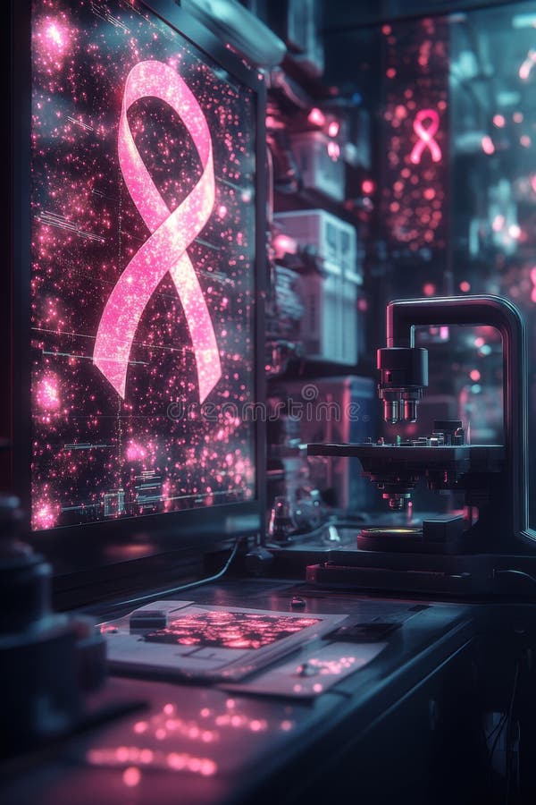 Ologramma di nastro rosa visualizzato in laboratorio futuristico con microscopio per la ricerca sul cancro illustrazione di stock