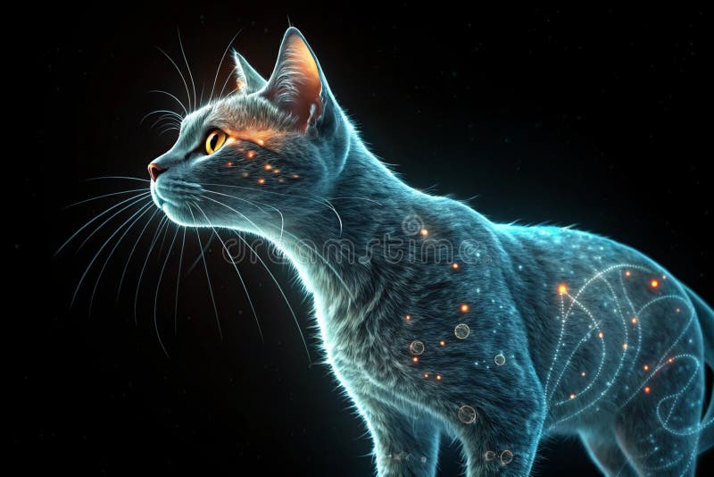 Ologramma trasparente di un gatto etereo galleggiante su fondo nero con caratteristiche traslucide e futuristico royalty illustrazione gratis