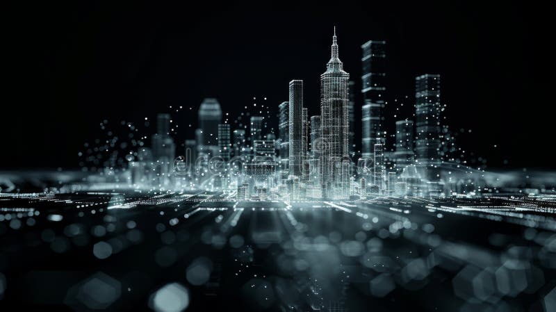 Ologramma wireframe astratto di un paesaggio urbano notturno su fondo scuro con bokech fotografia stock