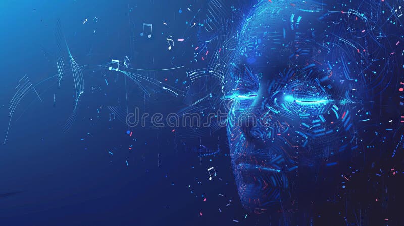 Ologramma wireframe della testa e delle spalle di un robot ai-ai con occhi chiusi e bocca aperta circondata da galleggiante. prodotto a base di.