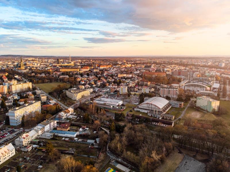 Olomouc, Czechia - 13 03 2021: Aerial view of Olomouc from north in sunset, with historical center and Ander stadium, Moravia, Czech republic, Europe